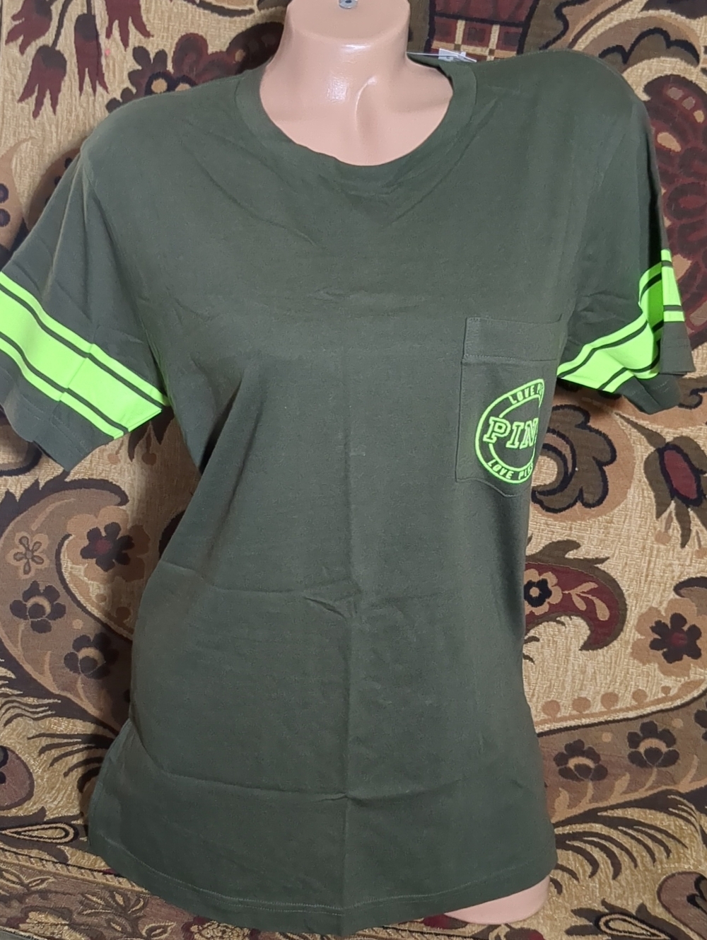 PINK Victoria's Secret Olive Green Tee with Neon Green Stripes